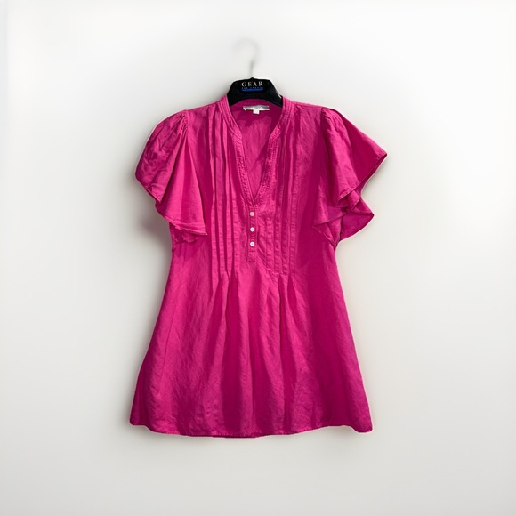 LOFT Dresses & Skirts - LOFT Flutter Sleeve Dress Women's Medium Hot Pink Linen Blend Pintuck Boho Tunic